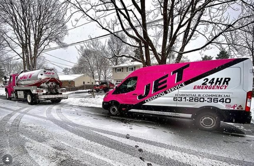 JET pump truck and van on a snowy Long Island street